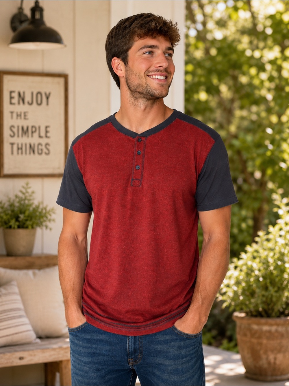 RedHead Short-Sleeve Henley Tee in Rust Red and Dark Grey